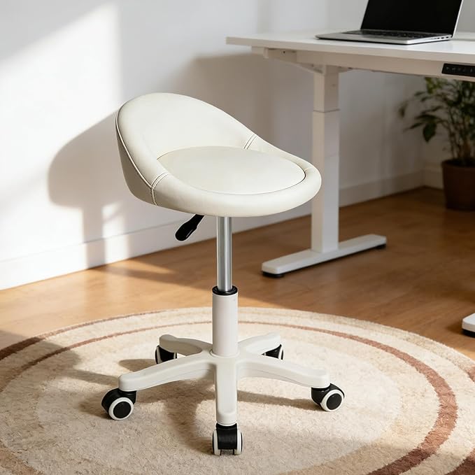 Rolling Stool Chair with Backrest, Round PU Leather Adjustable Height Hydraulic Swivel Rolling Stool for Spa Salon Tattoo Massage Doctor Dental Medical Office Beige