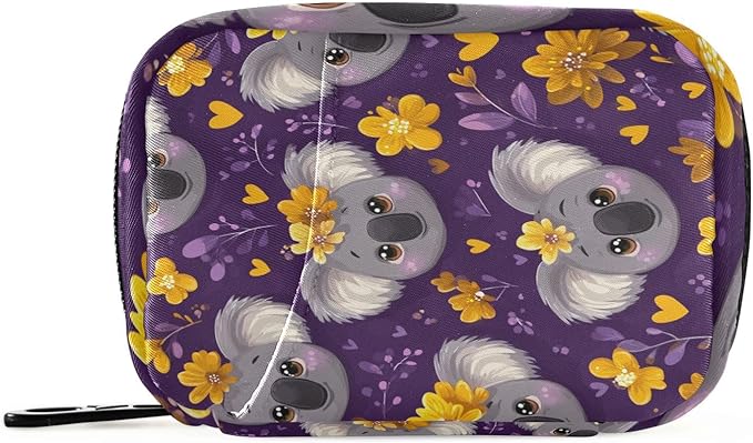 Purple Koala Heads and Flowers Travel Pill Organizer Case Box Container Weekly Portable Vitamin Medicine Holder Storage Bag with Zipper Removable