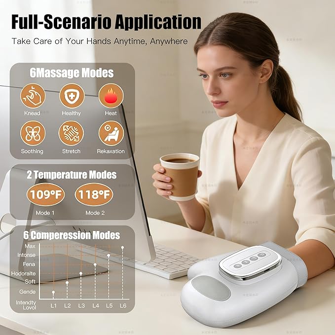 Hand Massager with Heat and Compression, Cordless Hand Massager, Finger Massager, 3 Massage 4 Temperatures 5 Compression Models, Ideal Gift for Women, Men