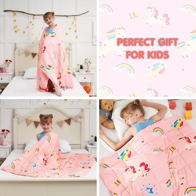 yescool Unicorn Weighted Blanket 3 Pounds Cooling Weighted Lap Blanket, Pink Rainbow Heavy Blanket, Breathable Weighted Throw Blankets Gifts for 20-40lbs, 36"x48"