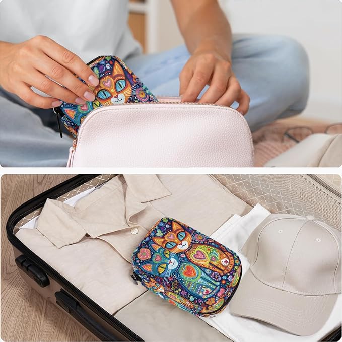 Abstract Cat Ethnic Pill Case Travel Pill Organizer Weekly 7 Day Portable with Zipper Medicine Box Pill Case for Vitamins, Birth Control,Fish Oils,Medication, Supplements