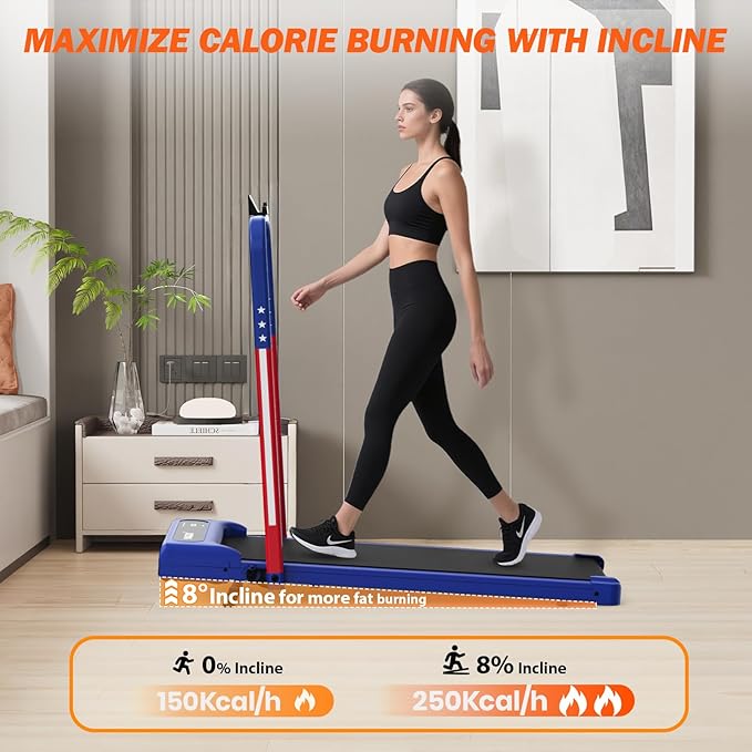 Walking Pad Treadmill with Incline for Home Office, Portable Under Desk Treadmill with Remote Control and LED Display, Walking Jogging Running Machine (Black) (Blue)