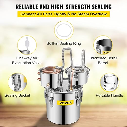 VEVOR Alcohol Still, 3 Gallon, Stainless Steel Alcohol Distiller with Copper Tube & Build-in Thermometer & Water Pump, Double Thumper Keg Home Brewing Kit, for DIY Whiskey Wine Brandy