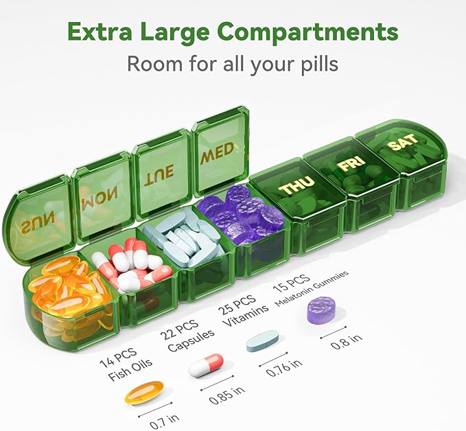 Large Pill Organizer Weekly - SHIJOINYU 7 Day Pill Box with Easy-Open Design, Daily Medicine Pill Organizer for Vitamins, Supplements, Fish Oils and Medications - Green