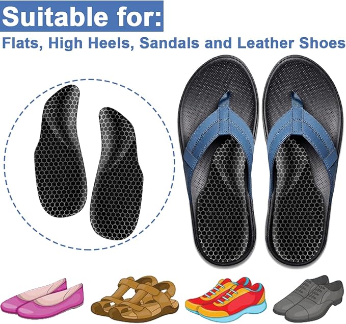 Dr.Foot Arch Support Shoe Inserts for Plantar Fasciitis Relief, Self-Adhesive Arch Pads Heel Cushion for Flats, Heel Pain, Gel Arch Insoles for Men and Women 2 Pairs (Black, Large)