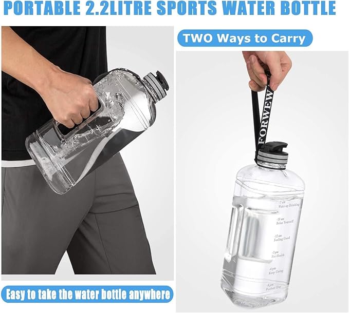 Half Gallon Water Bottle with Handle 2.2L/74OZ Large Plastic Water Bottles BPA Free Water Bottles with Strap Portable with Time Marker for Camping, Hiking and Home Activity