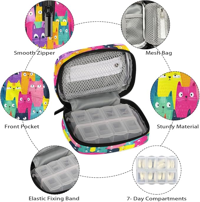 Cute Cat Colorful Pill Case Everyday Travel, 7 Day Weekly Medicine Pill Box Compact Portable Pills Bottle Organizer with Zipper for Daily Vitamin Medicine Holder Bottle Organizers Bag
