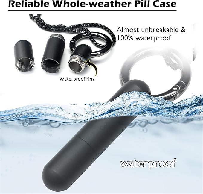 Extended Small Pill Box Necklace Black Titanium Mini Pill Case with Necklace Chain Tiny Pill Case for Men Waterproof Pill Holder Emergency Aspirin & Nitro Pill Container
