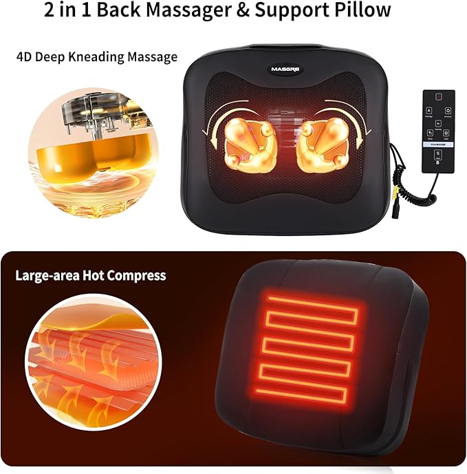 2 in 1 Back Massager and Lumbar Support Pillow with Heat, Shiatsu Massagers Deep Tissue Kneading Massage Pillows for Lower Back Leg Shoulder, Pillow for Office Chair, Gifts for Mom Dad Women Men