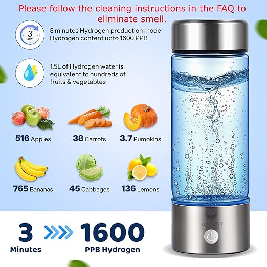 AQUSOFT 14.2 oz/420ml Portable Hydrogen Water Bottle with SPE-PEM Technology Type-C USB Rechargeable Hydrogen Water in 3 Minutes | Borosilicate Glass Hydrogen Water Ionizer Cup | 2-in-1 Usage Modes