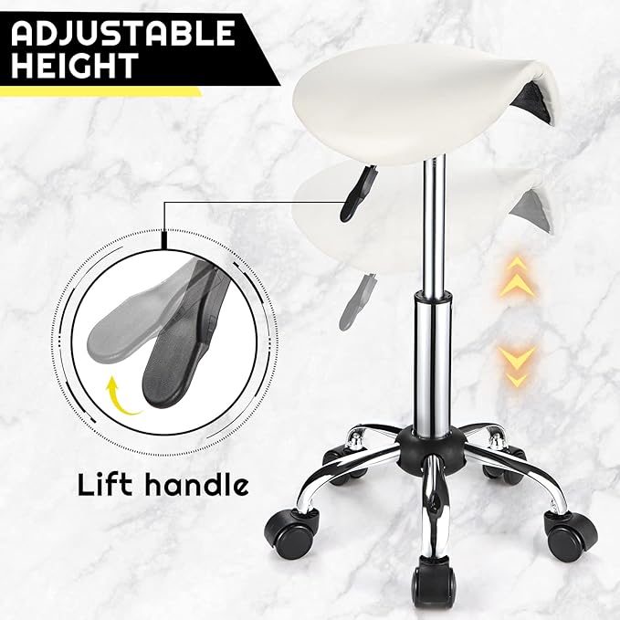 Saddle Rolling Stool with Wheels PU Leather Height Adjustable Swivel Stools Chair White