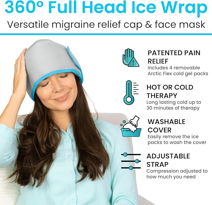 Vive Migraine Relief Cap - Hot & Cold Compression Hat for Headache - Full Head Ice Wrap Beanie & Eye Mask for Tension & Pressure Relief - Cooling Headband - Reusable & Flexible Soft Gel Packs