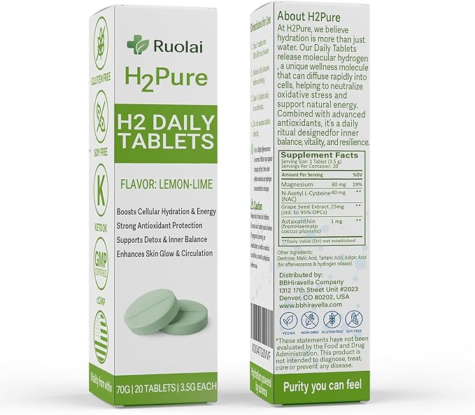 Ruolai H2pure Hydrogen Tablets – H2 Tabs – Fast-Dissolving Hydrogen Supplement for Cellular Hydration, Detox, Liver & Mental Clarity – Caffeine-Free, Vegan (Lemon-Lime)
