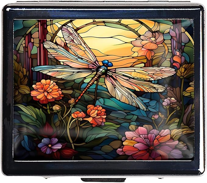 7 Days Chromed Shiny Silver Pill Organizer with Mirror Inside Has 8 Separate Compartments Rectangle 7 Days Pill Box Pill Case (Dragonfly Stained Glass)