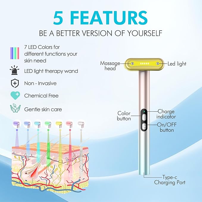 Red-Light-Therapy，Face Massager for Skin Care，Led Facial Light Therapy 7 Colors Eye Beauty Wand