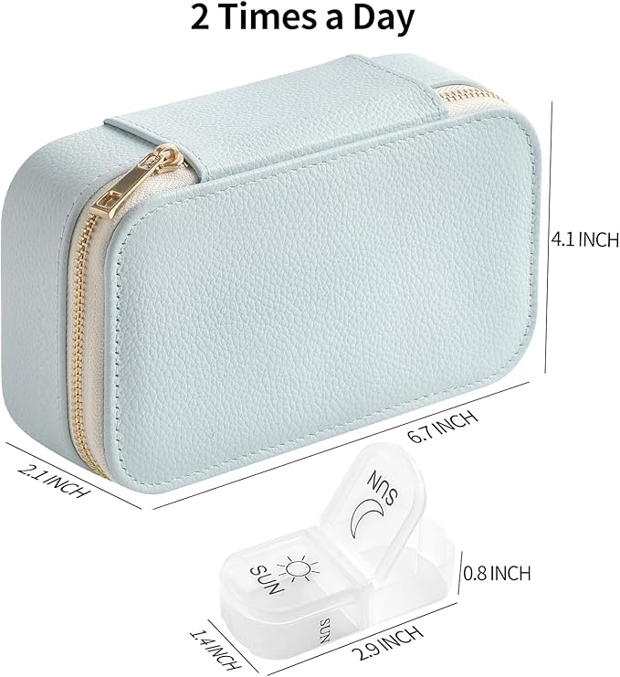 Genuine Leather Travel Pill Organizer Box Case 2 Times a Day for Purse for Women, Cute Medicine Pill Holder Containers for Vitamin Medium Weekly Daily 7 Day Am Pm Pill Organizer(Mint Green)