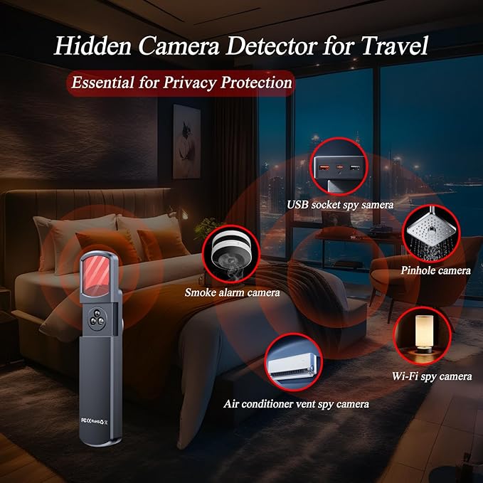 Hidden Camera Detector,Upgraded Hidden Bug and Camera Detector, Bug & GPS Tracker Detector Portable Privacy Protector for Travel/Hotel/Car, Camera Detector Spy Camera Finder with LED (Black)