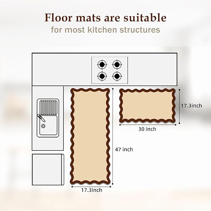 Scalloped Kitchen Mats Rugs Sets of 2 Cushioned Anti Fatigue Floor Mat Waterproof Kitchen Rugs Non Slip Foam Comfort Standing Mat for Sink Laundry, Terracota