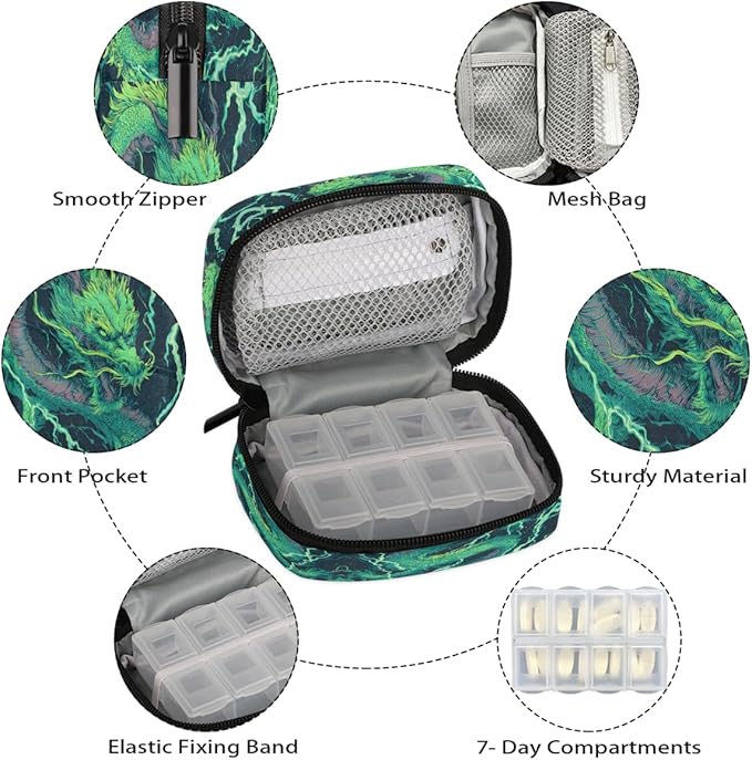 Abstract Green Dragon Pill Case Travel Pill Organizer Weekly 7 Day Portable with Zipper Medicine Box Pill Case for Vitamins, Birth Control,Fish Oils,Medication, Supplements