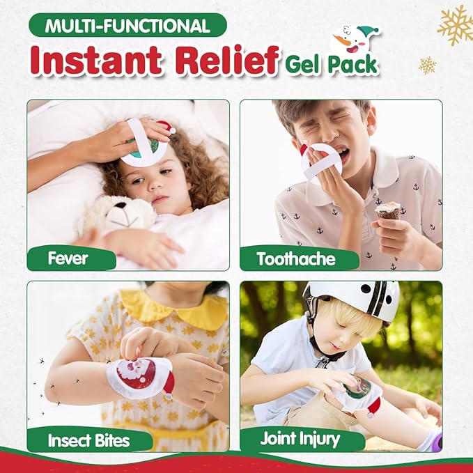 Christmas Kids Ice Packs 4 Pack with Santa Hat Covers, Reusable Festive Gel Packs for Kids Stocking Stuffers, Holiday Boo Boo Relief Gifts for Toddlers Boys & Girls, Small Hot Cold Compress