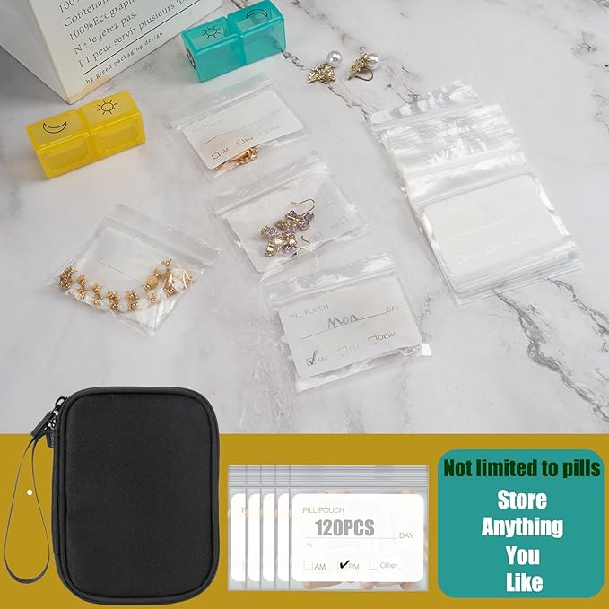 Pill Pouch Bags for Travel with Medicine Bag, Pack of 120 BPA Free 3 x 2.75 inch Reusable Pill Bag for Medicine with Write on Label Clear Ziplock Seal Daily AM PM Pill Baggies for Medicine Organizer