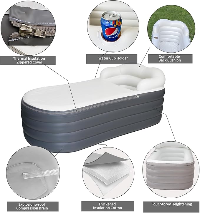 B&Y Portable Adult Soaking Bathtub, Ice Bath Tub Family Home Spa Tub with Zipper Cover, Designed with Headrest, Cup Holder (Air Pump Included) (Rectangular-168x76x68cm (without Machine))