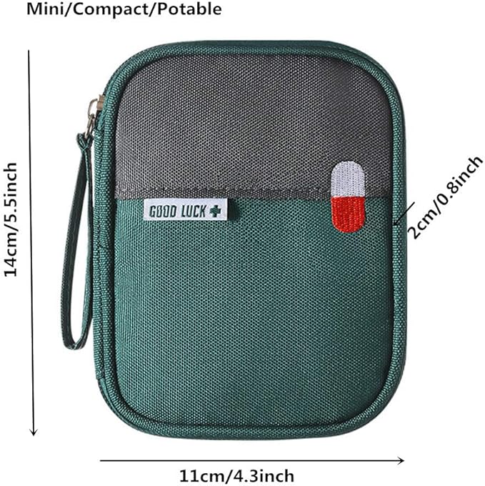 First Aid Kit Bag Empty Travel Medication Pouch Mini Zippered Oxford Medical Survival Kit Carrier Handy Medicine Pills Drugs Package Organizer with 3 Pocket+1 Main Holder-5.5x4.3x0.8Inch (Green-S)