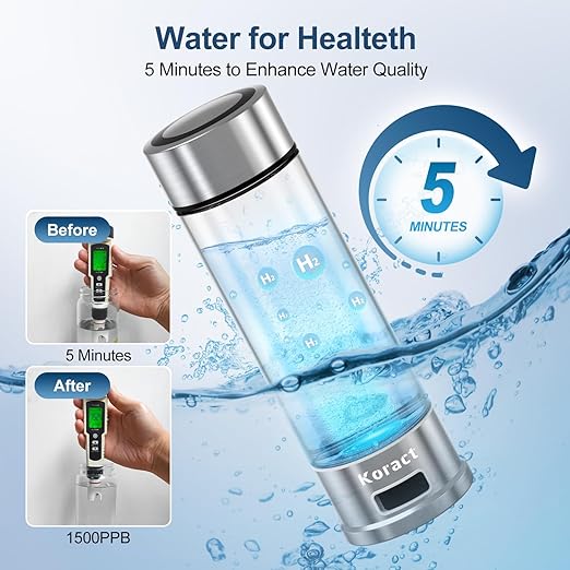 Hydrogen Water Bottle 1500PPB Portable Hydrogen Water Bottles Generator Glass, Hydrogen Rich Water Dispenser with SPE & PEM Technology for Home Office Fitness Travel Outdoor Sports (Silvery)