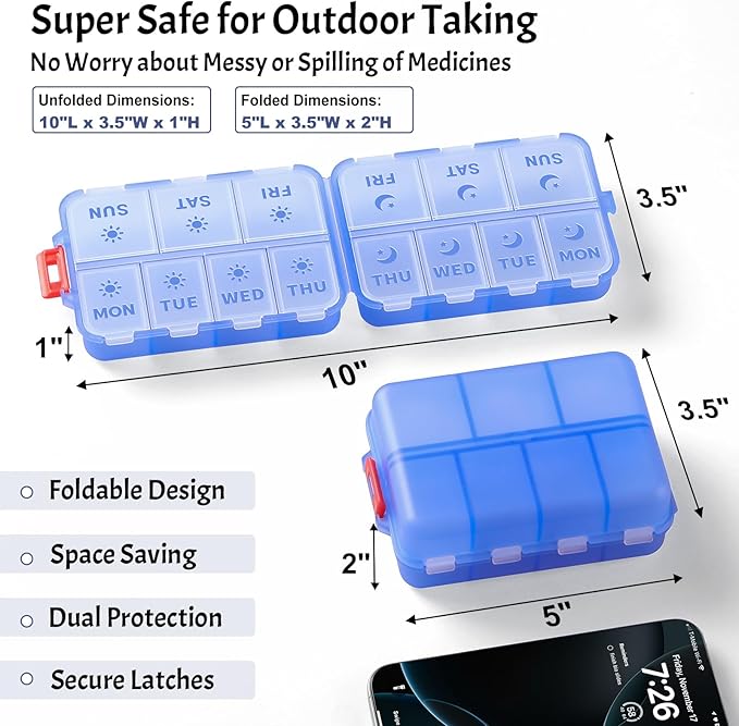 Foldable & Portable Weekly Pill Organizer 2 Times A Day with Etched Labels, Clear Blue + 3 Pack, 14 GRIDS Travel Pill Organizer Box