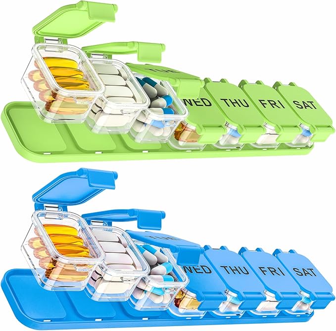 2-Pack Large Waterproof 7-Day Pill Organizer - Extra Large AM/PM Pill Boxes for Vitamins, Fish Oils & Supplements, Portable Daily Medication Dispenser