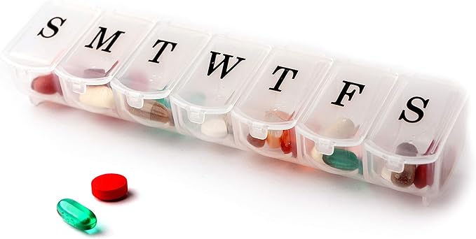 Deke Home - Weekly Pill Organizer (2 Pack), 7 Day Pill Box with Large Compartments & Snap-Shut Lids, Easy Open, BPA Free Plastic Medicine Organizer for Pills, Vitamins & Supplements, Travel Friendly