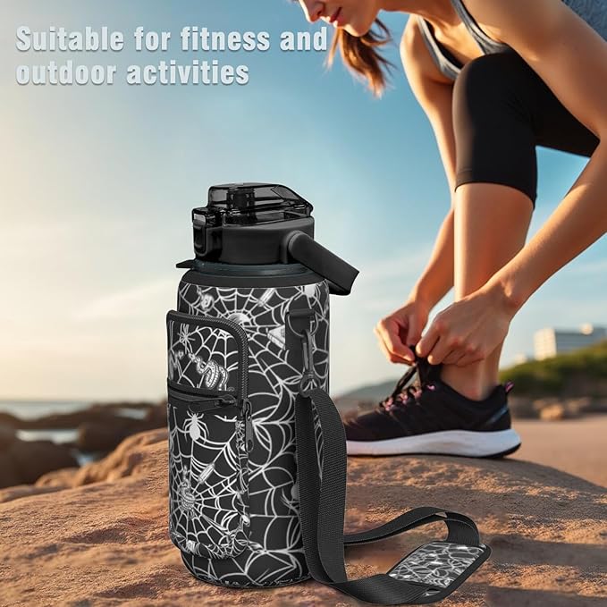 Halloween Half Gallon Water Bottle with Sleeve - Flip Top Bpa Free 64 OZ - Motivational Time Marker Leakproof Water Jug - Gothic Witchy Gifts for Women - Spider Web Snake for Gifts