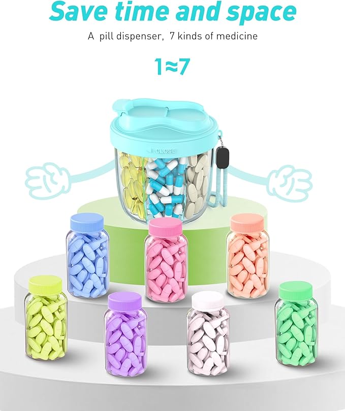 Pill Organizer,Pill Dispenser with 7 Large Compartments,Portable Pill Box for Travel, Anti-Mix Design & Wide Opening Design, Easy Access to Vitamin Dispenser, Includes 20 Blank Stickers（Blue）