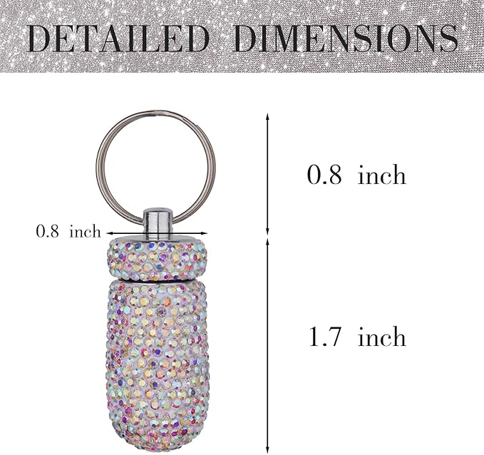GOUWEIBA 2 Pieces Bling Pill Container Portable Pill Bottle Case Waterproof Travel Medicine Box Crystal Diamond Mini Pill Holder Storage with Keychain for Outdoor Camping Traveling (Pink, Silver)