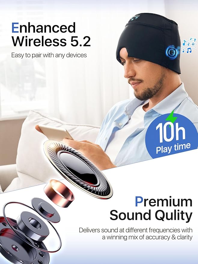 Wireless Migraine Relief Cap with Bluetooth Headphones, Sleep Headphones Ice Pack, Headache Relief Cap, Soothing Headache Ice Pack Sleep Mask, Face Cold Compress Head Wrap for Tension, Stress & Sleep