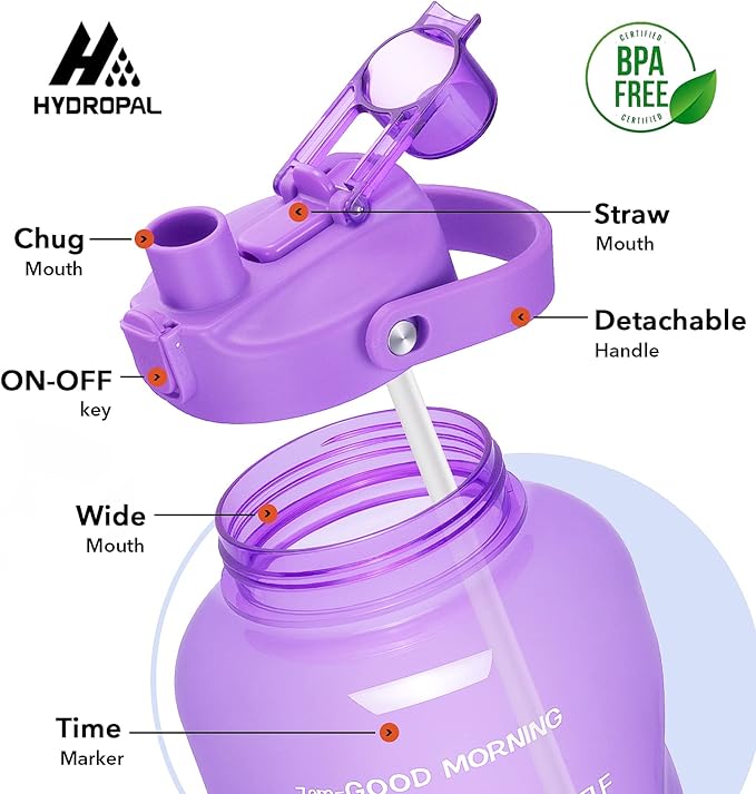 HydroPal 1 Gallon Water Bottles with Straw, 128 oz Water Bottle BPA Free Innovative 2-IN-1 Lid Gym Bottle with Times to Drink Motivational, Large for Sports Fitness Camping Water Jug （13.8X5.5 inch）