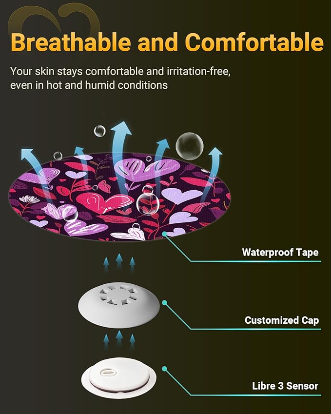 Libre 3 Sensor Covers Waterproof, Amolyfe 10 Pack Freestyle Libre 3 Plus Covers, Bump-Proof with Hard Cap, Breathable Latex Free Glucose Sensor CGM Adhesive Patches, 14-Day CGM Protection (Heart)