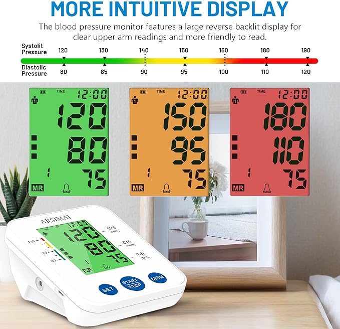 Blood Pressure Monitor Accurate Automatic Upper Arm High Blood Pressure Monitors Portable LCD Screen Powered by Battery with Adjustable Cuff and Storage Bag -White