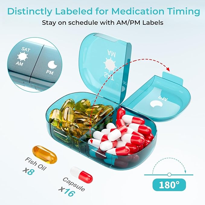 Pill Organizer 2 Times a Day, Large Weekly Pill Box 7 Day, Daily Am Pm Pill Case Dispenser with Removable Containers, Compact Medication Organizer for Vitamins, Supplements (Blue)