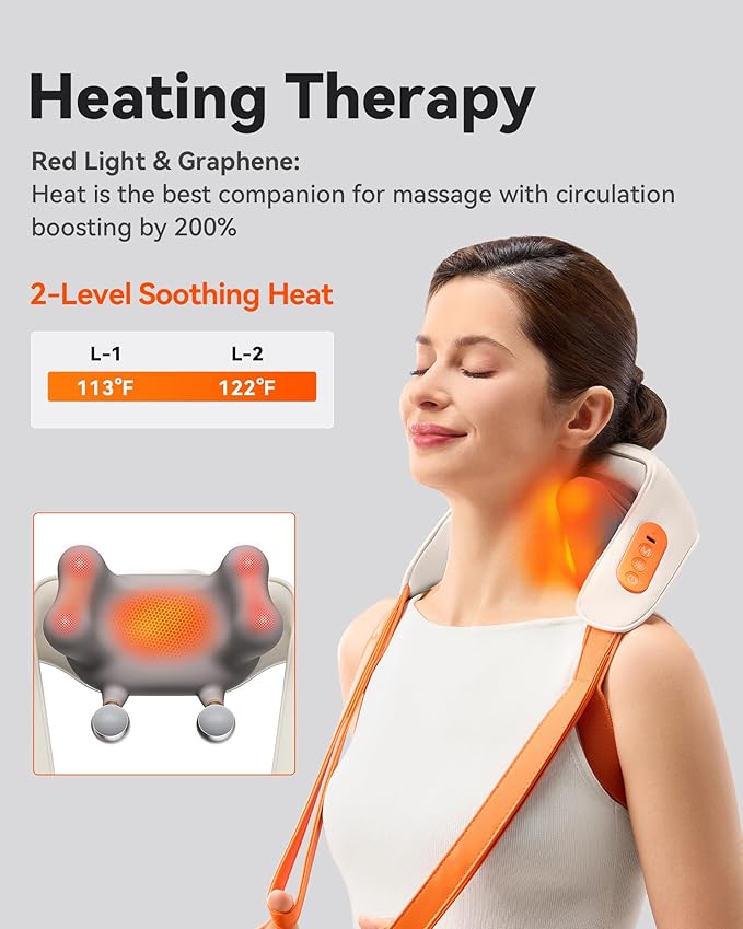 Cordless Neck Massager with Heat, 6D Shiatsu Upper Back & Shoulder Massager for Pain Relief Deep Tissue, Relaxing Electric Kneading Massage, Dual-Sided Massage Heads, Best Gifts for Men Women