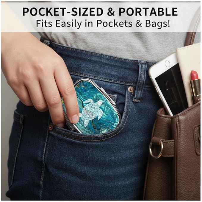 Sea Turtle Pill Box 2 Compartment Small Pill Case,Portable for Pocket or Purse Pill Organizer Pill Container Holder with Mirror to Hold Vitamins, Medication, Fish Oil and Supplements