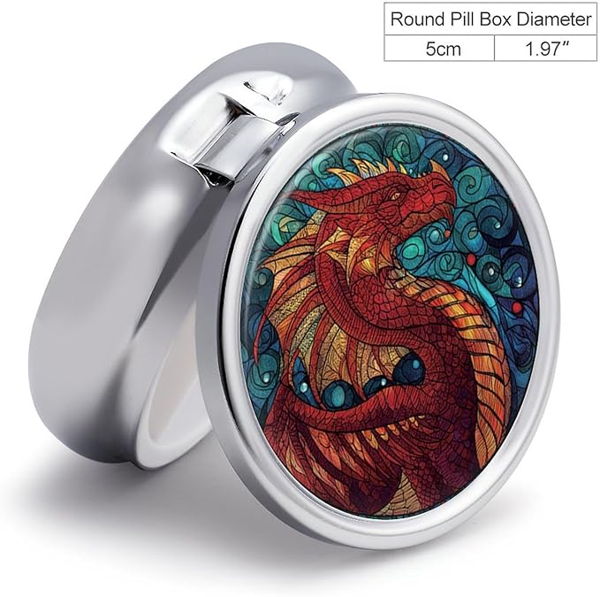 Transparent 3-Compartment Medicine Pill Case, Portable Round Pill Box for Pocket or Purse, Decorative Metal Medicine Vitamin Organizer. (Dragon)
