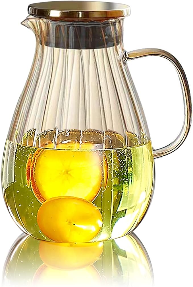 Glass Pitcher With Lid Amber Round Water Carafe with handle and Spout for Homemade Beverage, Juice,Hot Coffee, Iced Tea and Milk （62oz）