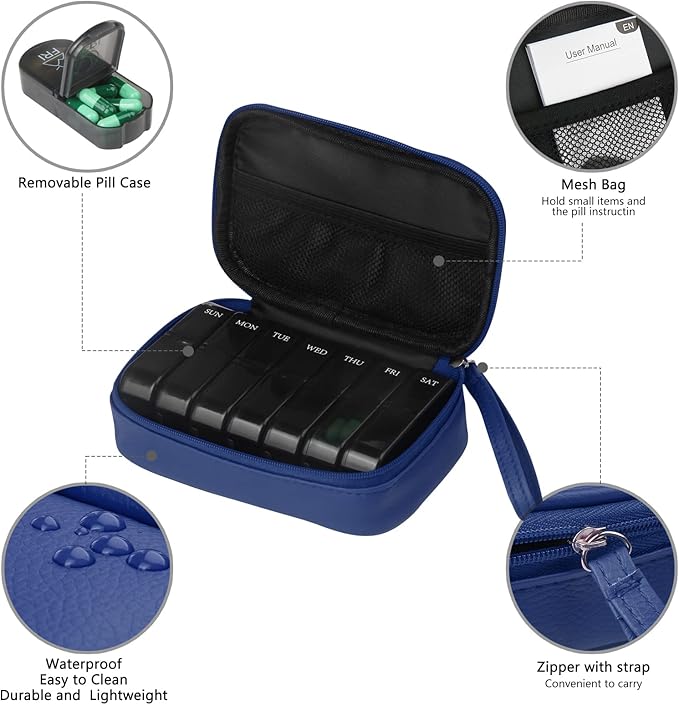 Weekly PU Leather Pill Bag Organizer Case 2 Times a Day, AM PM Daily Pill Box to Hold Vitamin, Fish Oil, Supplements and Medicine (Blue)
