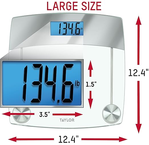 Taylor Digital Scales for Body Weight, Extra High 440 LB Capacity, Unique Blue LCD, Stainless Steel Accents Glass Platform, 12.4 x 12.4 Inches, Clear
