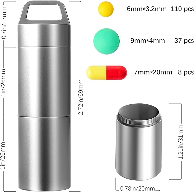 Small Pill Case (2 Compartments Design), Portable Metal Pill Holder Keychain Waterproof Pill Box Container Mini Stainless Steel Pill Organizer for Travel Purse Pocket