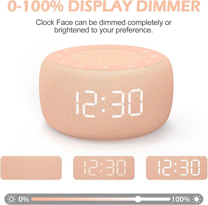 Buffbee Sound Machine & Alarm Clock 2-in-1, 0-100% Clock Face Brightness, Bottom Colored Light, Sleep Timer, Precise 30-Level Volume White Noise Machine, Digital Alarm Clocks for Bedrooms - Peach