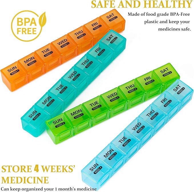 Monthly Pill Organizer, 28 Day Pill Box 1 Time a Day with Dust-Proof Case, Large 4 Weeks a Month Pill Case Container, Daily Vitamin Case Box for Pills/Medicine/Fish Oil/Supplements（Clear Colorful）