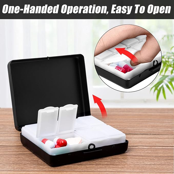 Fashion Elegant Medicine Portable Double Protection Switch Metal Travel Pill Box (7 Days) /8 Compartment (786822, Black)