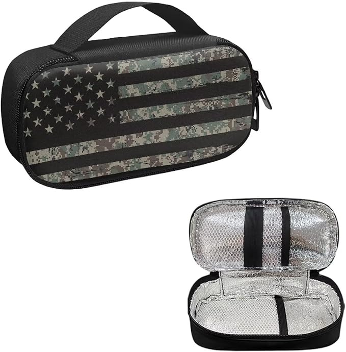 Rnyleeg American Flag Diabetic Bags for Supplies Army Green Camo Insulin Cooler Travel Case Portable Diabetic Travel Case for Insulin Pens Diabetes Supply Case with Handle